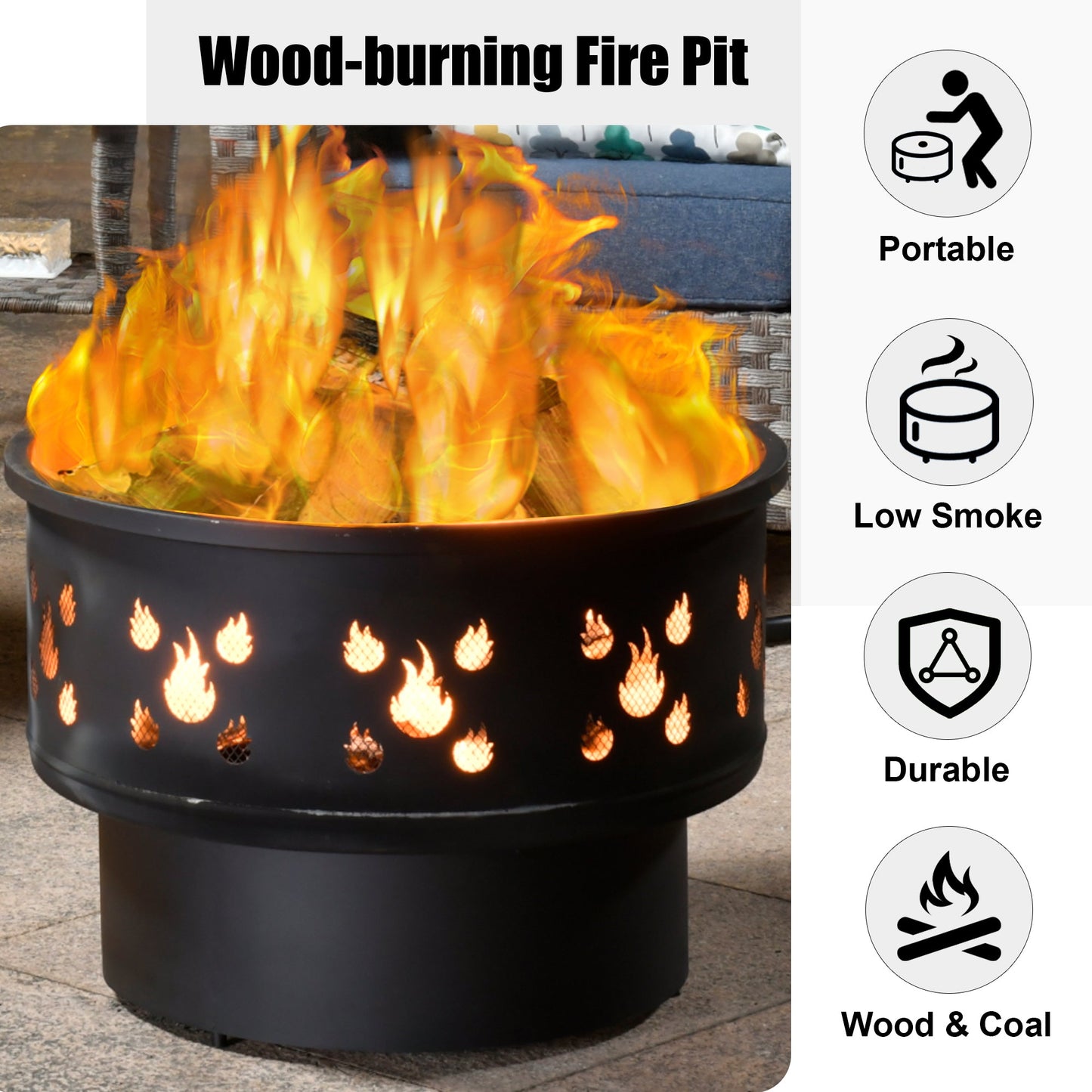 COCABAY 25.39'' Outdoor Wood Burning Fire Pit with Drawer and Fire Poker for Emptying Ashes,Suitable for Backyard Garden Picnic Campfire Camping