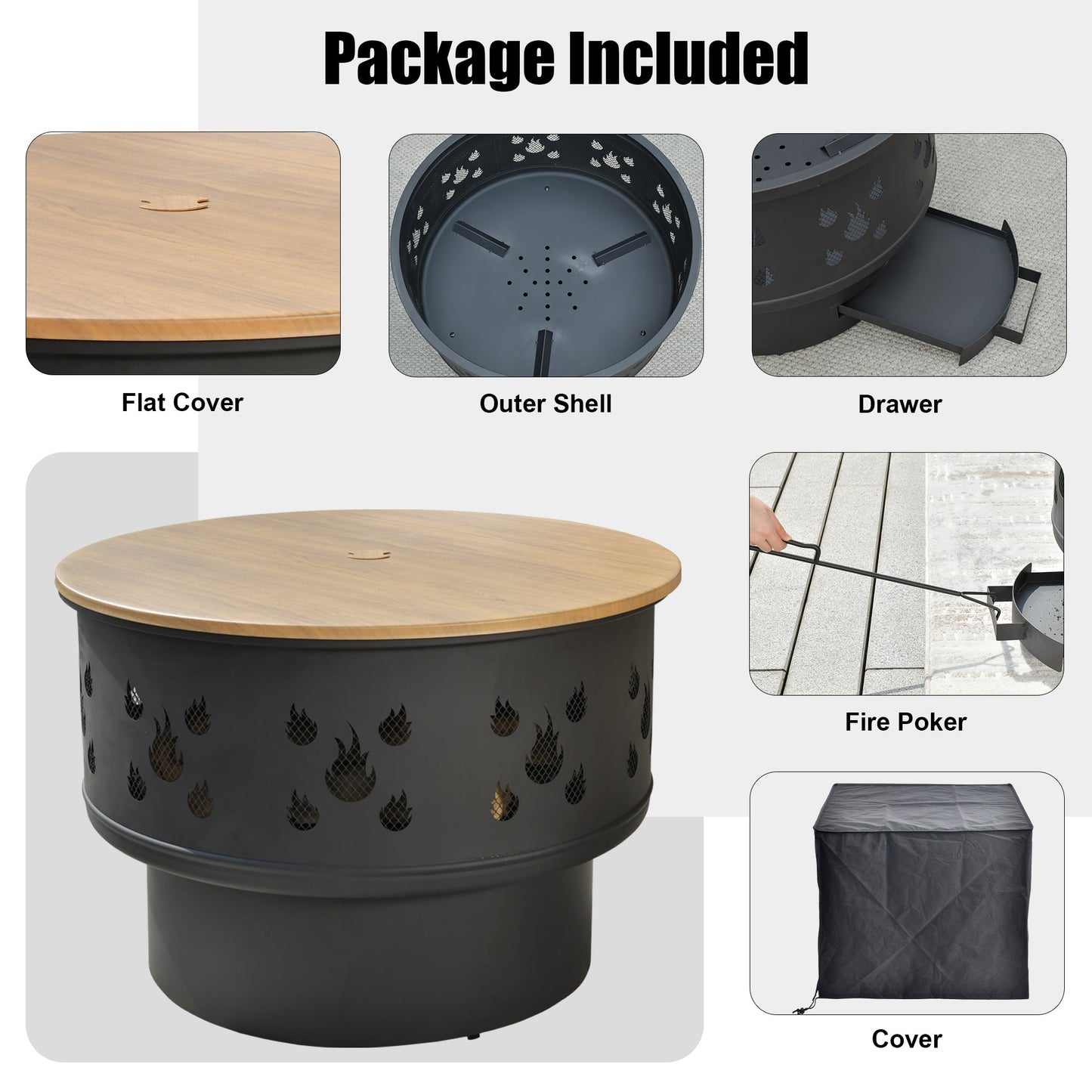 COCABAY 25.39'' Outdoor Wood Burning Fire Pit with Drawer and Fire Poker for Emptying Ashes,Suitable for Backyard Garden Picnic Campfire Camping