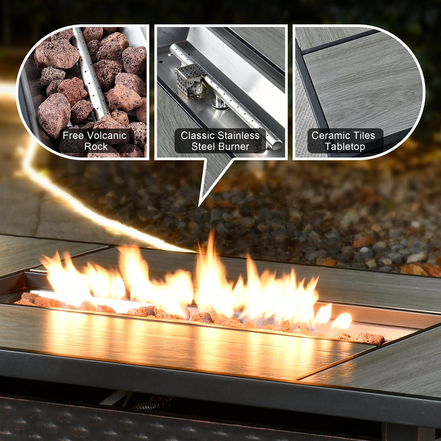 COCABAY 43-Inch Propane Fire Pit Table, 50000 BTU Rectangular Gas Fire Pit With Volcanic Rock,Lid & Dust Cover,Stainless Steel Burner Patio Fire Table