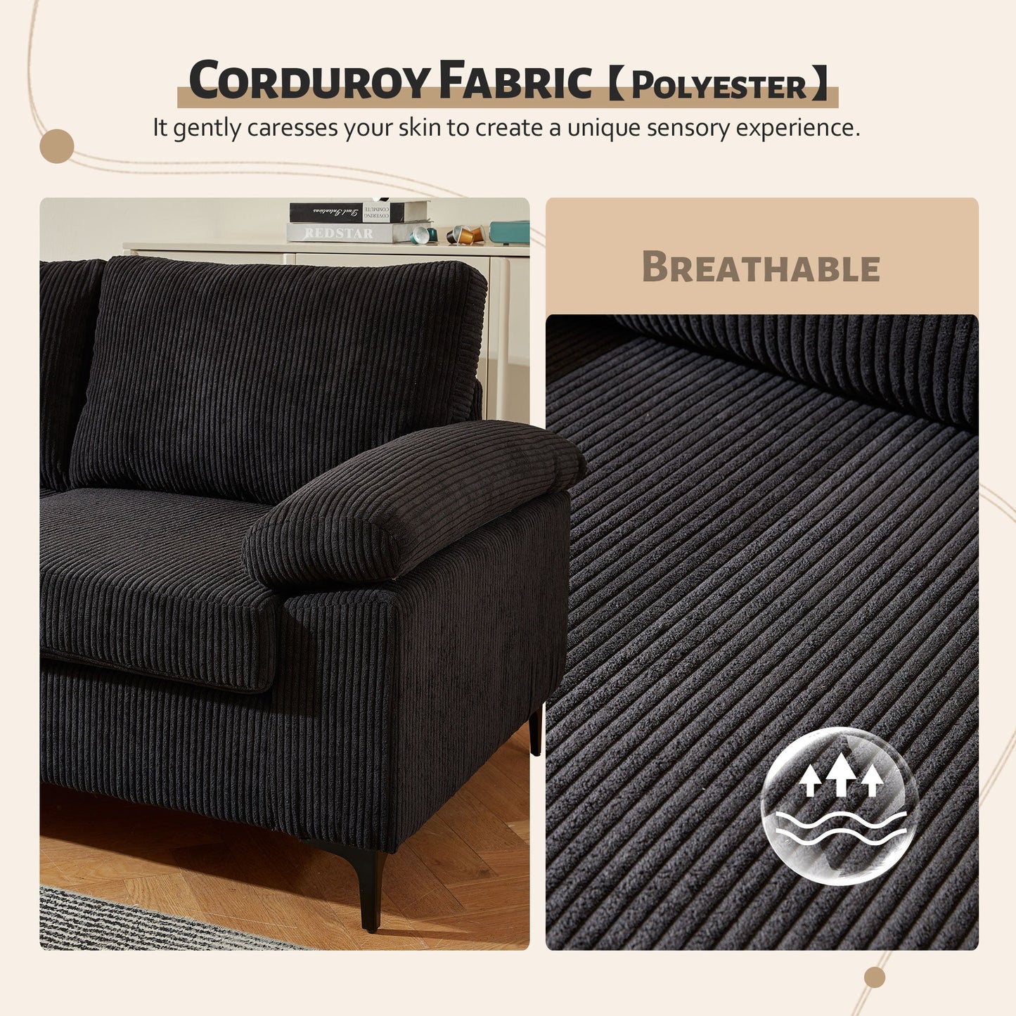 COCABAY 100" Three-Seat Sofa, Nordic Style Living Room Sofa, Pit Stripe Fabric, Cat Scratch Proof and Easy to Install Sofa for Different House Types