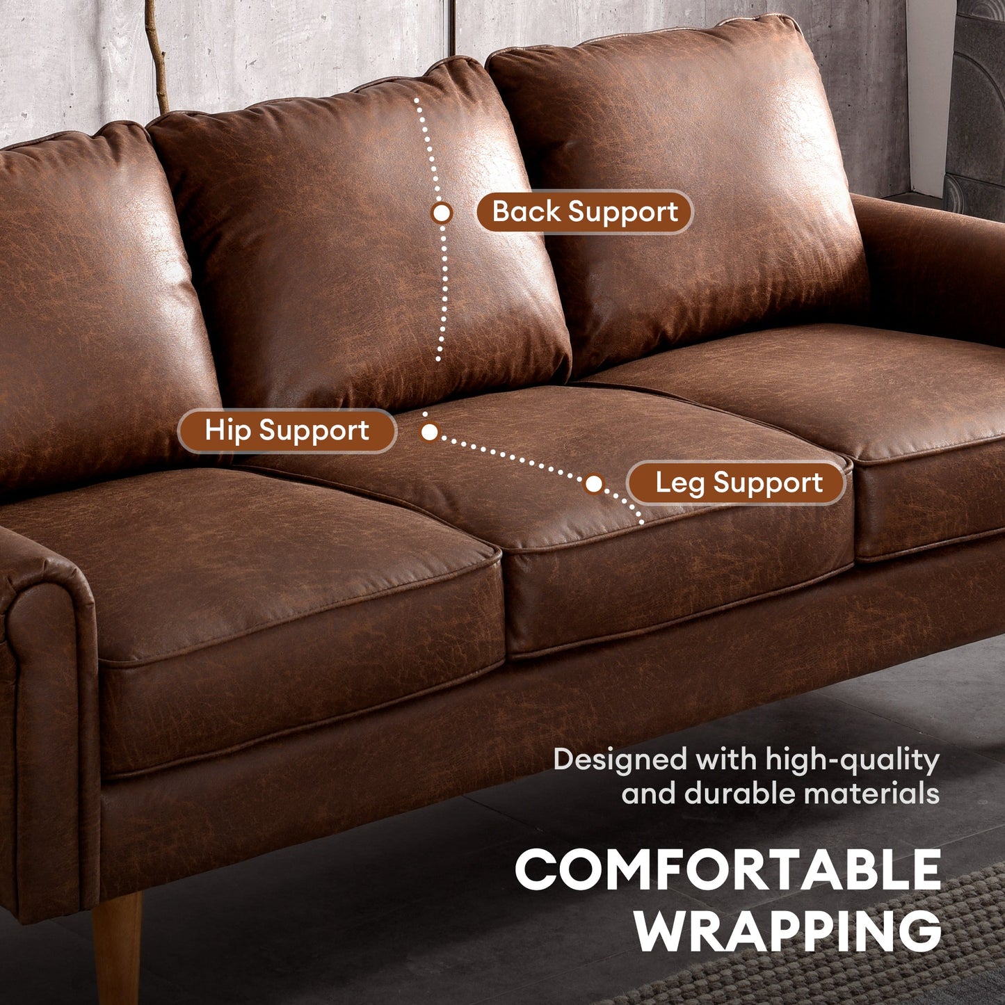 COCABAY Mid-Century Sofa 74" Suede Fabric 3-Seat Couch with Solid Wooden Frame and High Density Sponge Cushion for Living Room